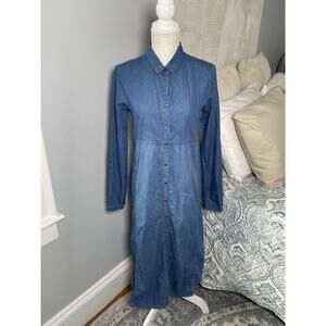 Nicobar Denim Shirt Dress Small Blue Cotton Long Sleeve Button Down Midi